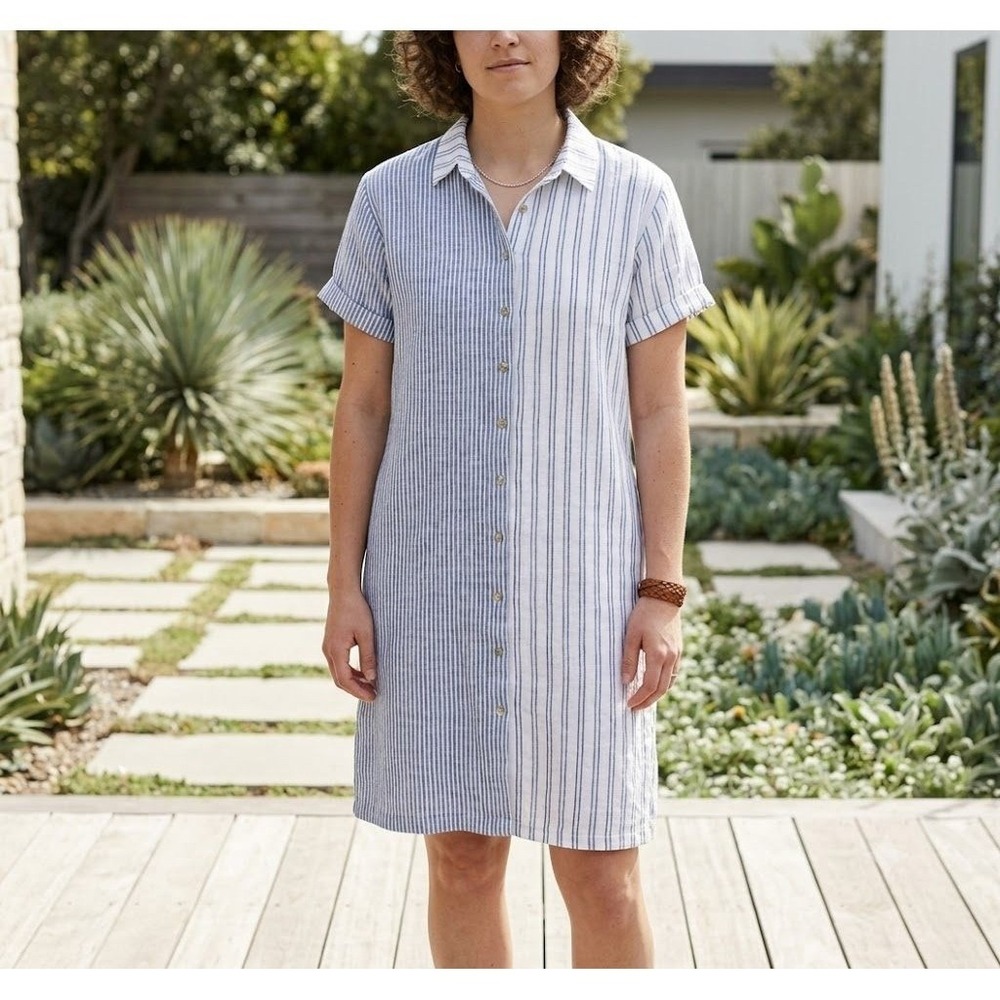 NWOT C&C California XS‎ Shirt Dress Blue Striped Linen Vacation Beach Summer